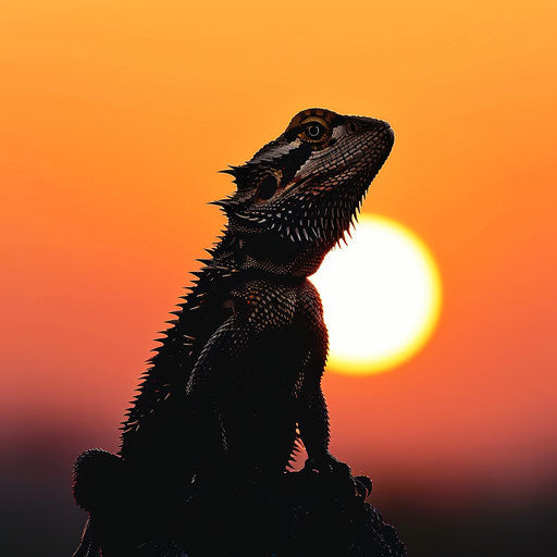 Bearded dragon silhouette against setting sun