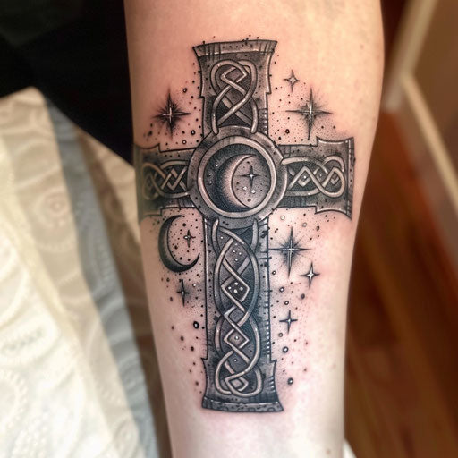 Celestial Celtic cross tattoo, stars and moons embedded