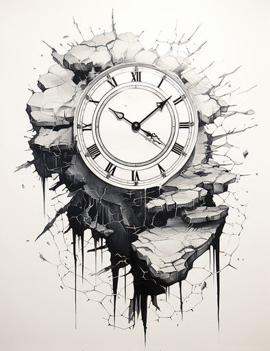 Broken clock, tattoo style, paleocore, solapunk, monumentalism