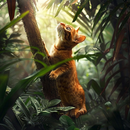 Wild cat climbing a tree in the dense jungle