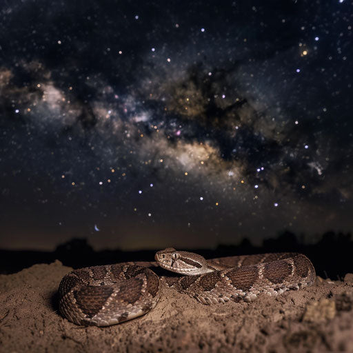 A rattlesnake under a starry sky with the Milky Way