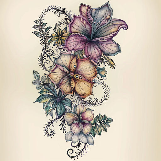 Serene lace tattoo sketch with soft, muted colors and elegant linework