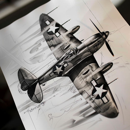 Artistic rendering of a vintage World War II fighter plane tattoo design, with detailed shadows, on white paper.