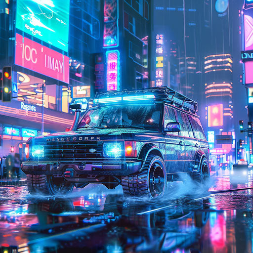 Cyberpunk 1995 vehicle with neon lights in city