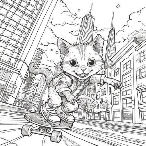 Cartoon cat skateboarding in city street. Coloring page