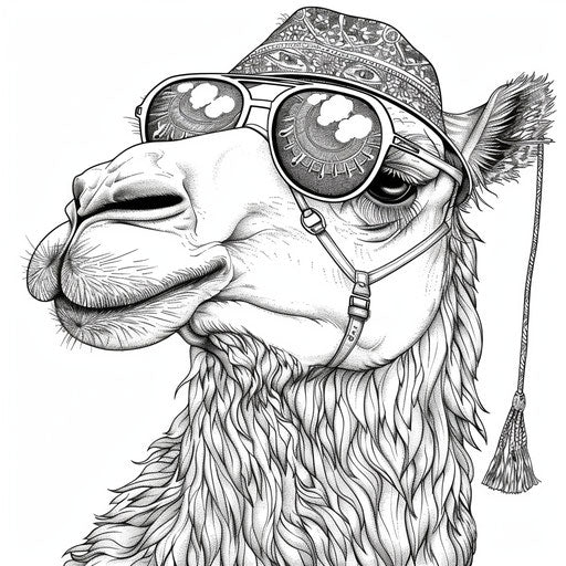 Cool camel with sunglasses and hat, coloring book page