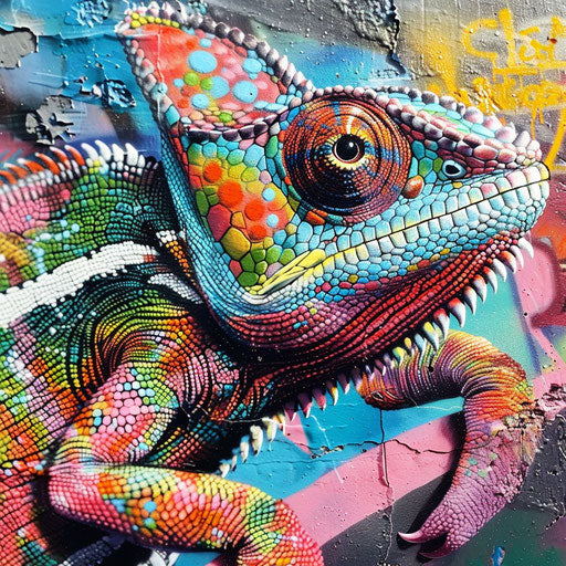 Chameleon on graffiti-filled urban wall, mimicking vibrant street art