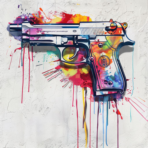 Explosive graffiti handgun on white urban wall