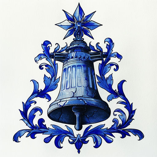 Drawing of a liberty bell tattoo design, old school American style with deep blue and black, on white background.