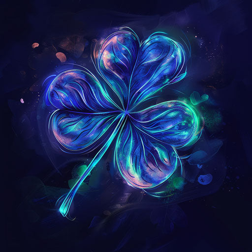 Striking flat tattoo sketch of a 4 leaf clover with neon outlines on dark, moody background