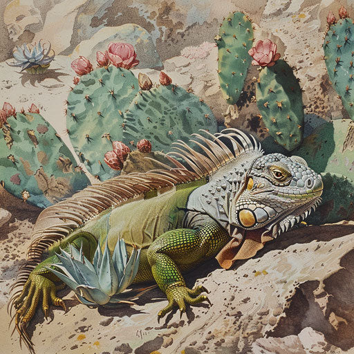 An iguana resting in the shade of a cactus in a desert landscape