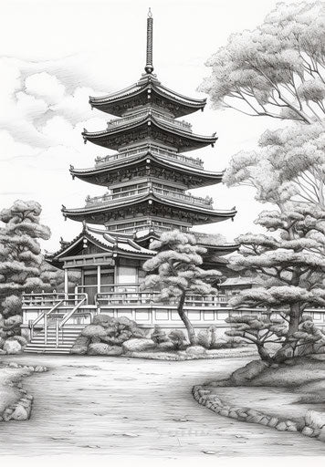Pen and ink sketch of three-step pagoda