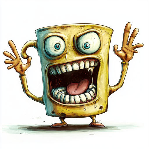 Humorous caricature of a coffee mug with human characteristics