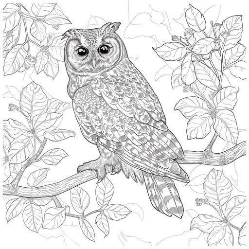 Cute owl on a branch. Coloring book page