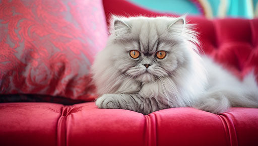 Grey Persian cat on a couch next to a red pillow, in the style of light purple and light azure, smooth and shiny 37:21