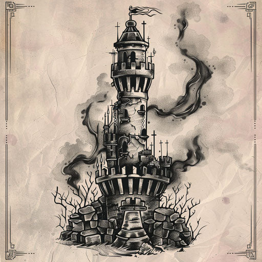 Artistic flat tattoo sketch of a chess rook as a medieval tower