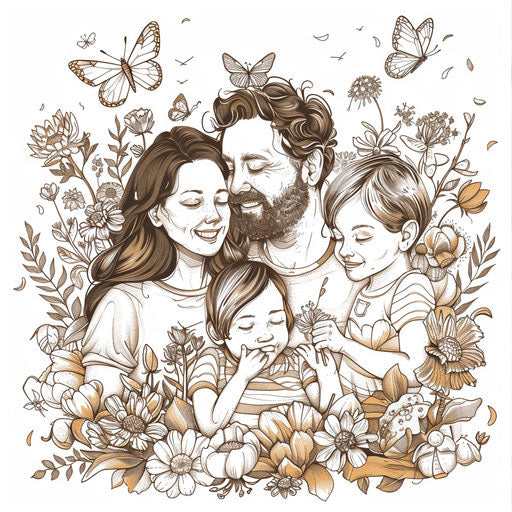 Floral family portrait with blooming flowers and butterflies