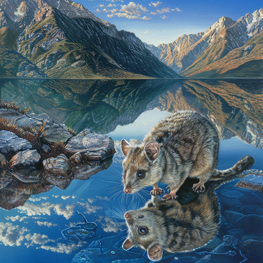The mountain pygmy possum exploring a crystal-clear alpine lake edge