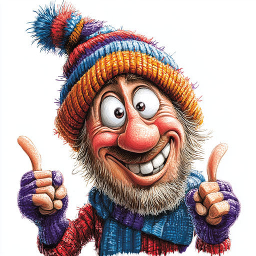 Humorous caricature of a winter hat with human characteristics