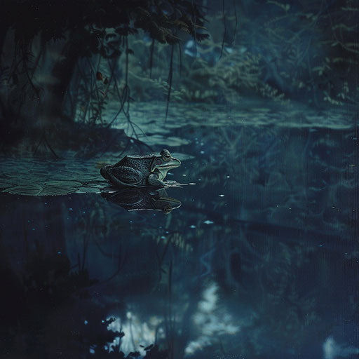 Long reflection of a lone frog in the still water of a midnight pond