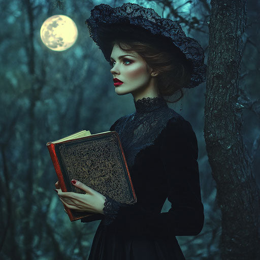 Elegant witch under the moon in mystical forest
