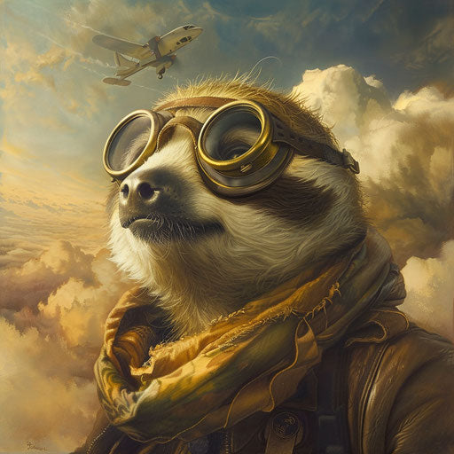 The sloth pilot with a vintage airplane above the clouds
