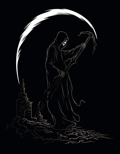 Silhouette of the reaper with a scythe and a grave