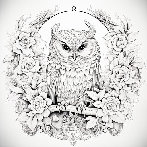 Adult coloring book with round owl and flowers