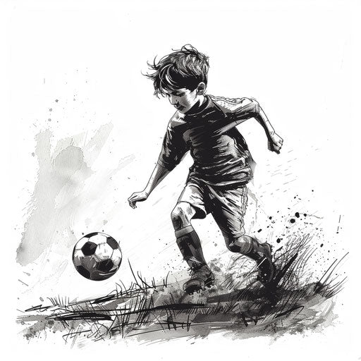 A boy chasing a soccer ball in monochromatic ink wash