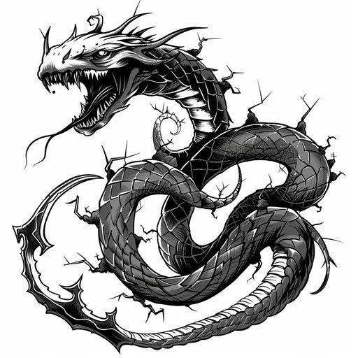 Gothic flat tattoo sketch of a thorny serpent, stark blacks and grays, clipart style