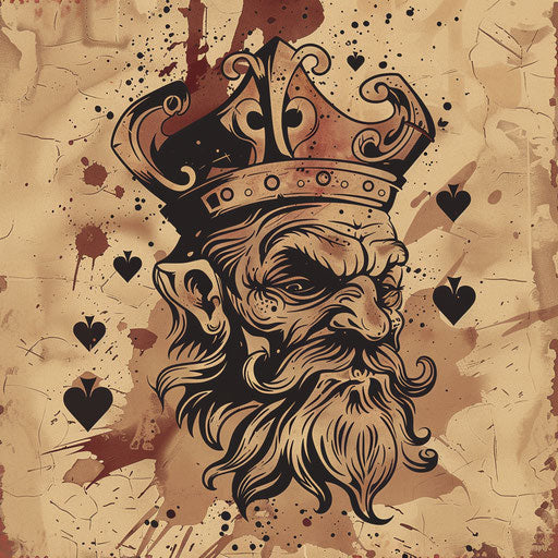 Rustic clipart-style flat tattoo sketch of a king of hearts with earthy brown tones and vintage textures