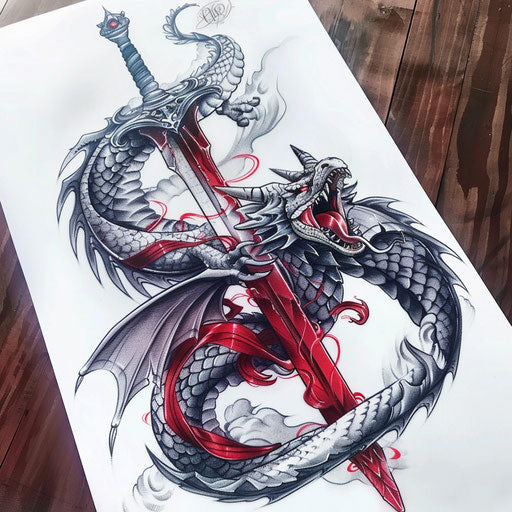 Legendary dragon wrapped around a mystical sword, tattoo design on white background