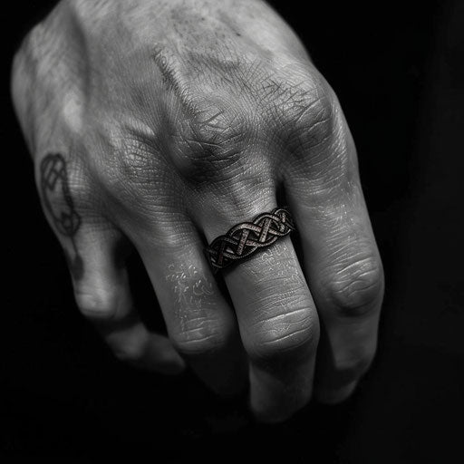Celtic knot wedding ring tattoo on finger, palm down