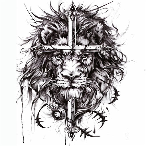 Lion's mane and sharp claws on a strength cross tattoo