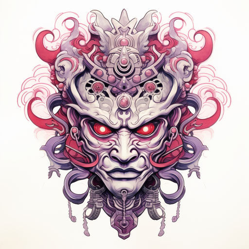 Japanese lord mask, tattoo style, captivating, light gray and magenta, metal