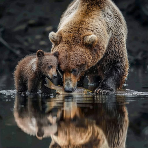 A poignant image of a mother bear teaching her cubs to fish