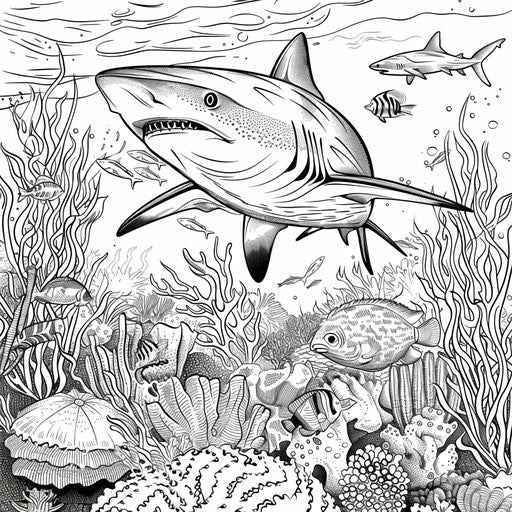 A fierce shark swimming through a coral reef with other sea creatures. Coloring book page