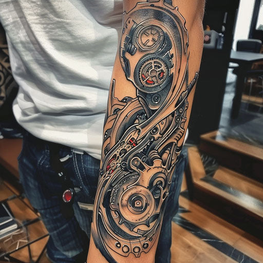 Biomechanical tattoo with sailor motifs, in the style of Sailor Jerry