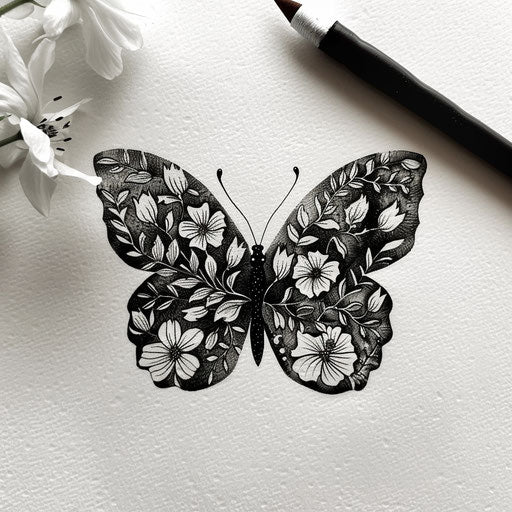 Black lace butterfly filled with floral patterns, chic tattoo design, on a clean white surface