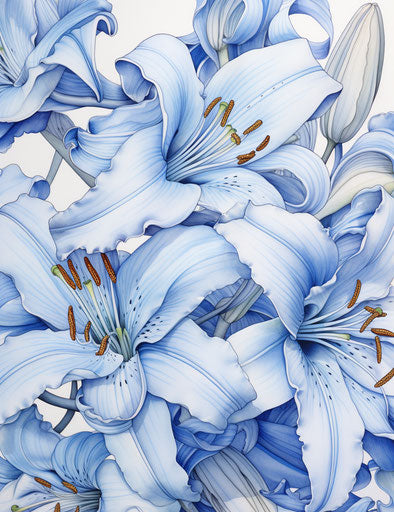 Blue drawing of lilies, in the style of detailed linework, detailed miniatures