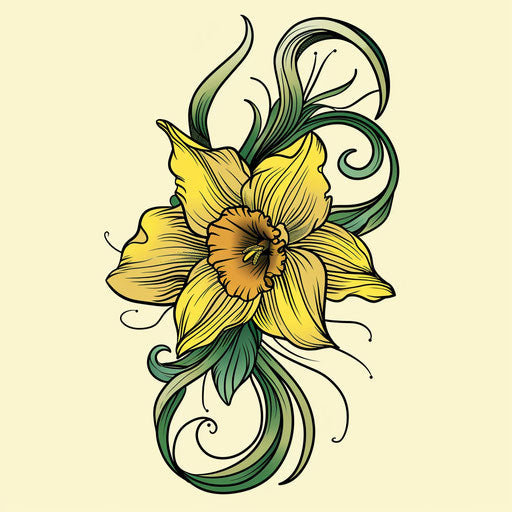 Dynamic flat tattoo sketch of a swirling daffodil