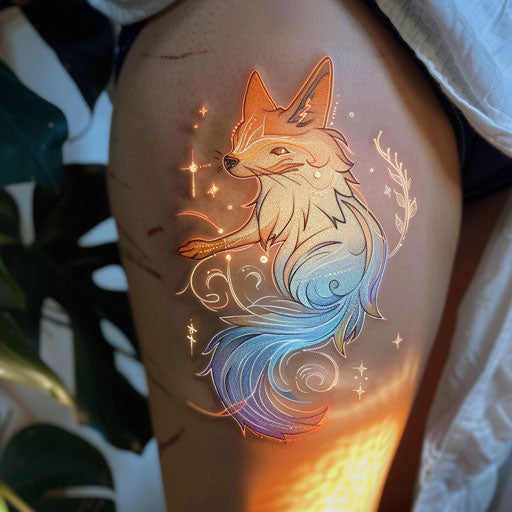 Ethereal flat tattoo sketch of mythical fox with celestial colors