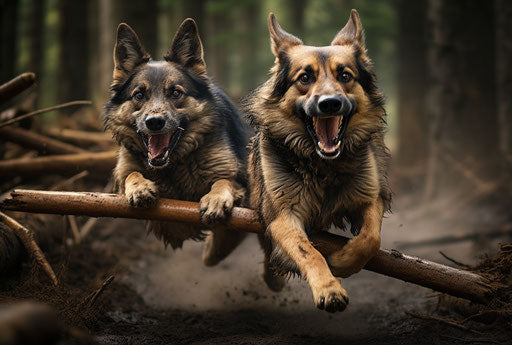 Two German Shepards running with a stick in their mouth