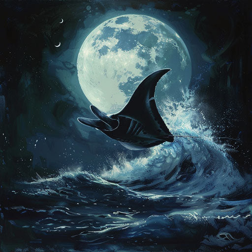 Manta ray jumping out of water under full moon