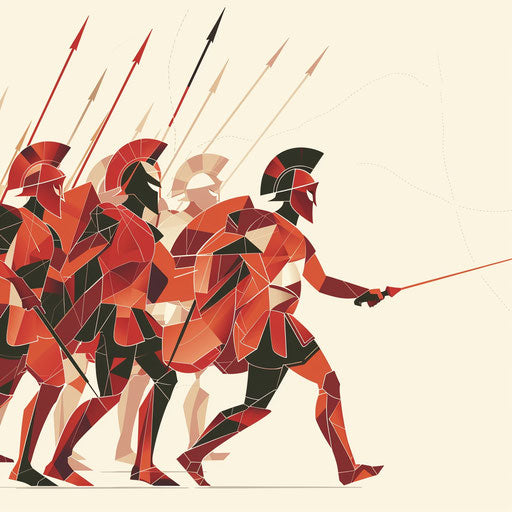 Minimalist Spartan battle scene on white background