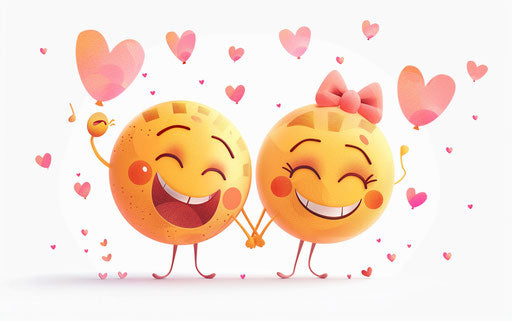 Happy smiling lovers, red hearts and decoration, joyful