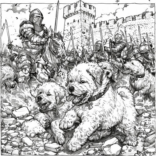Puppies with warriors in a medieval battle