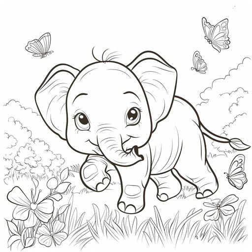 Adorable baby elephant playing with butterflies in a grassy field