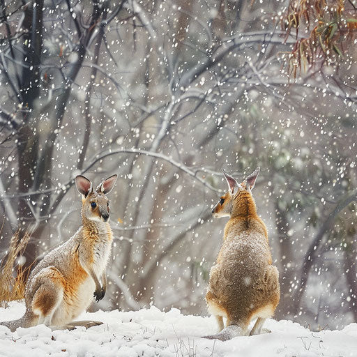 Wallabies in a snowy landscape, in the style of Roeselien Raimond