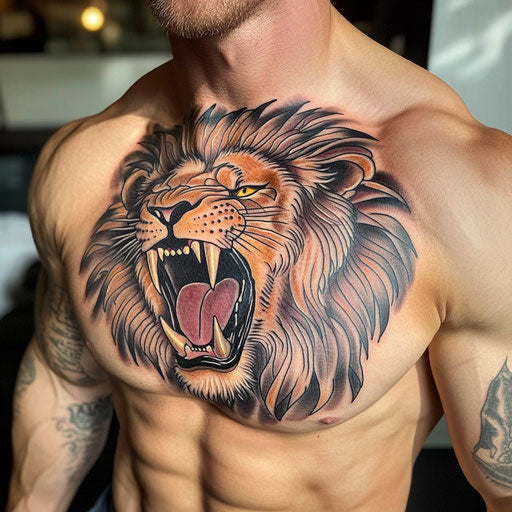 Lion chest tattoo with a fierce roaring lion in the style of Glenn Fabry